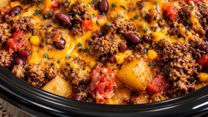 A steaming, hearty portion of cowboy casserole with visible ground beef, beans, and melted cheddar cheese.