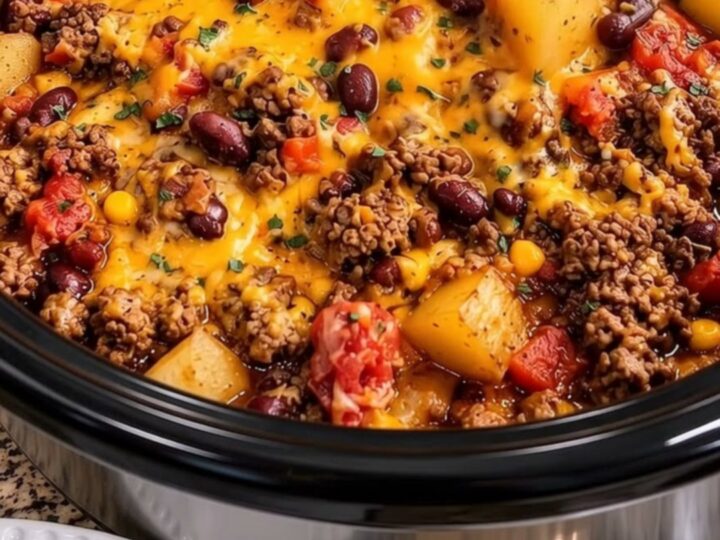 A steaming, hearty portion of cowboy casserole with visible ground beef, beans, and melted cheddar cheese.
