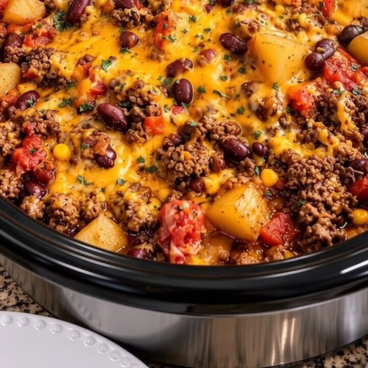 A steaming, hearty portion of cowboy casserole with visible ground beef, beans, and melted cheddar cheese.