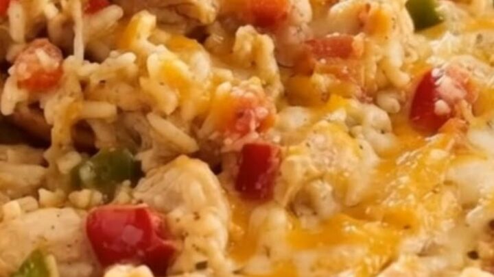 A golden, cheesy chicken fajita casserole in a white baking dish with steam rising.