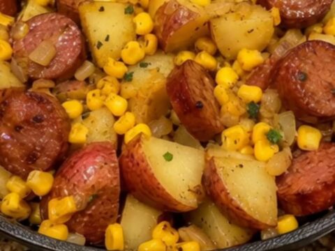 A steaming cast-iron skillet filled with browned sausage, cubed red potatoes, and sweet corn kernels.