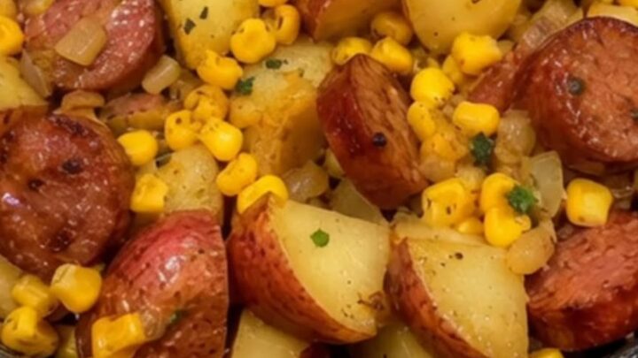 A steaming cast-iron skillet filled with browned sausage, cubed red potatoes, and sweet corn kernels.