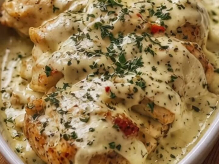 A succulent chicken breast covered in a thick, bubbly cream cheese and herb sauce in a white baking dish.
