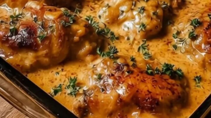 A golden, baked chicken thigh covered in bubbly, melted cheese and sprinkled with fresh green parsley in a glass dish.