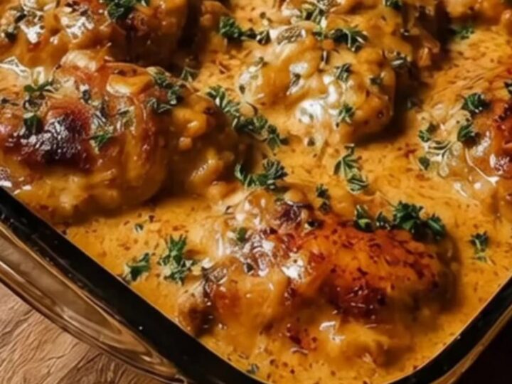 A golden, baked chicken thigh covered in bubbly, melted cheese and sprinkled with fresh green parsley in a glass dish.