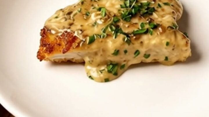 A golden, crispy parmesan crusted chicken cutlet served with a creamy white herb sauce in a skillet.
