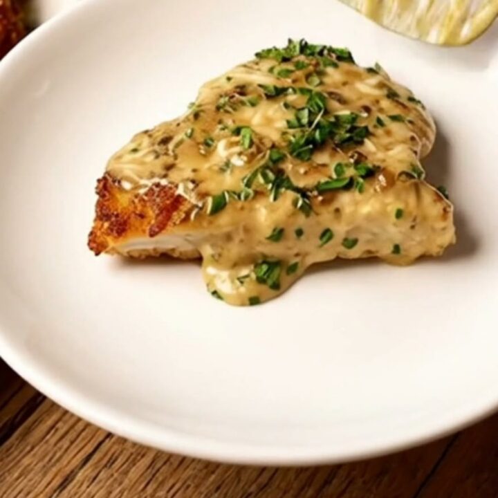 A golden, crispy parmesan crusted chicken cutlet served with a creamy white herb sauce in a skillet.
