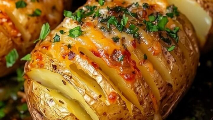 A golden, crispy hasselback potato topped with melted mozzarella cheese and fresh herbs on a white plate.