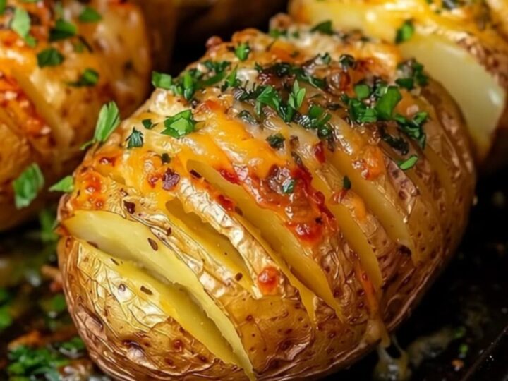 A golden, crispy hasselback potato topped with melted mozzarella cheese and fresh herbs on a white plate.