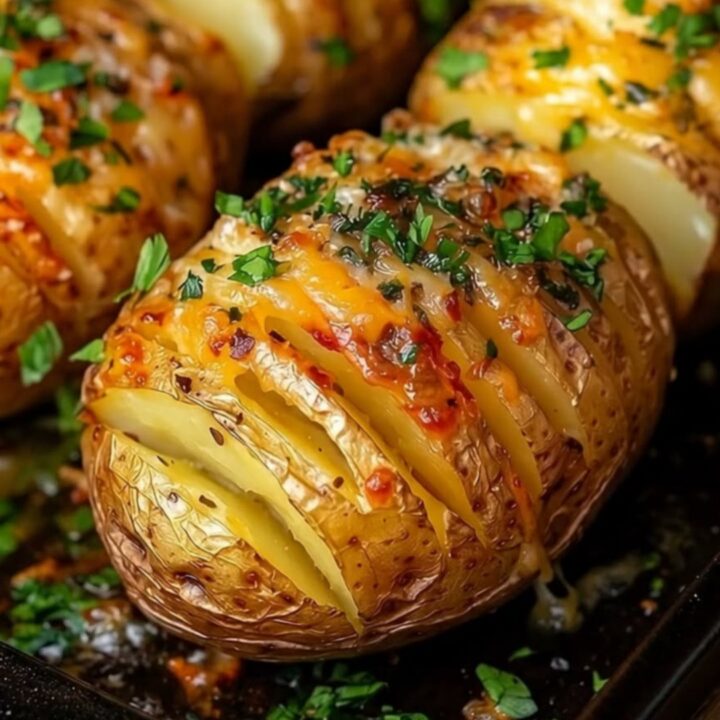 A golden, crispy hasselback potato topped with melted mozzarella cheese and fresh herbs on a white plate.