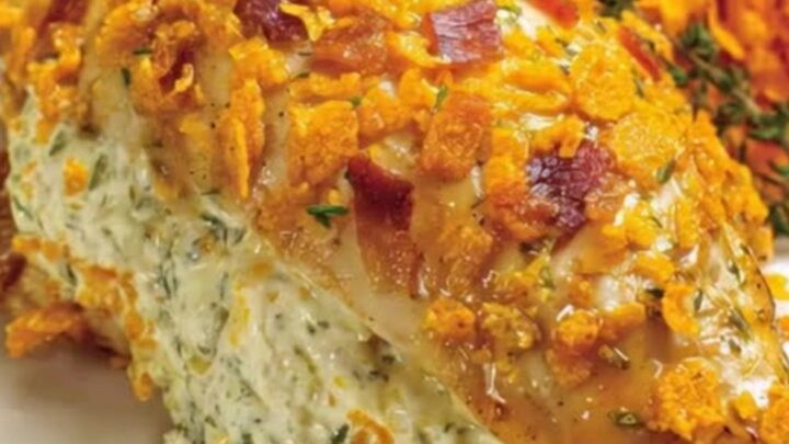A golden, bacon-wrapped stuffed chicken breast with a crunchy crust in a baking dish, with visible steam.