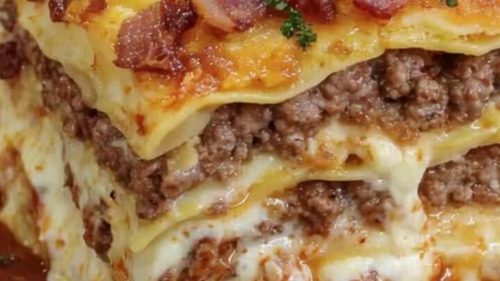 A close-up of a slice of parmesan garlic bacon cheeseburger lasagna showing melty cheese layers.