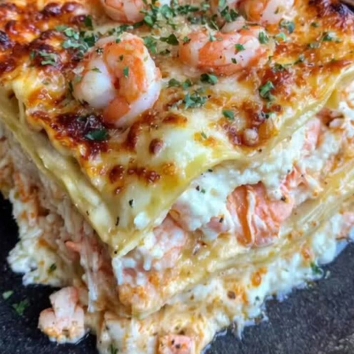 A steaming slice of seafood lasagna with visible shrimp and crab on a white plate.