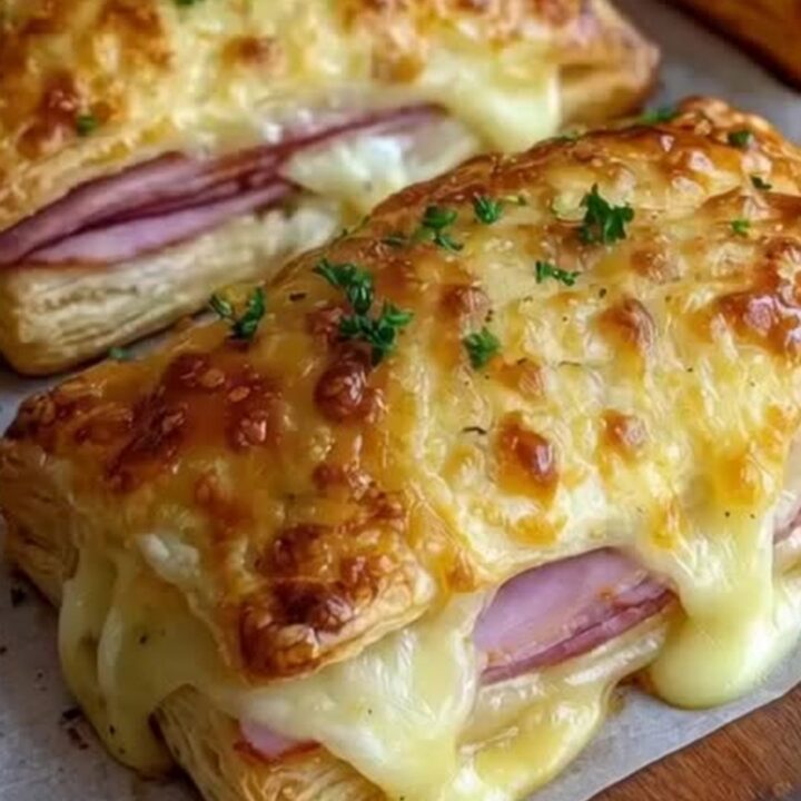 A golden, crispy ham and cheese puff pastry square sitting on a white plate with visible melted cheese.