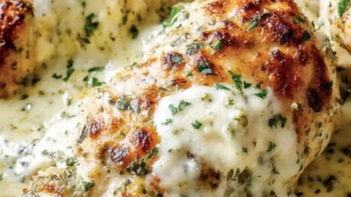 A golden baked chicken breast in a skillet covered in bubbly melted mozzarella and cream cheese.