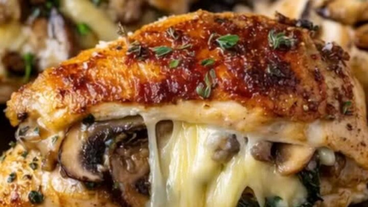 A golden-brown stuffed chicken breast in a rustic cast-iron skillet with visible melted cheese and mushrooms.