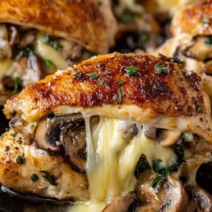 A golden-brown stuffed chicken breast in a rustic cast-iron skillet with visible melted cheese and mushrooms.