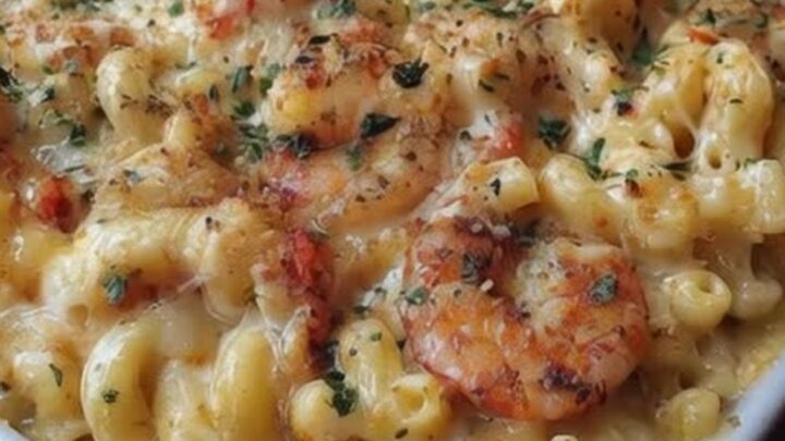 A close-up of a serving of creamy seafood mac and cheese being scooped out of a white baking dish with a spatula.