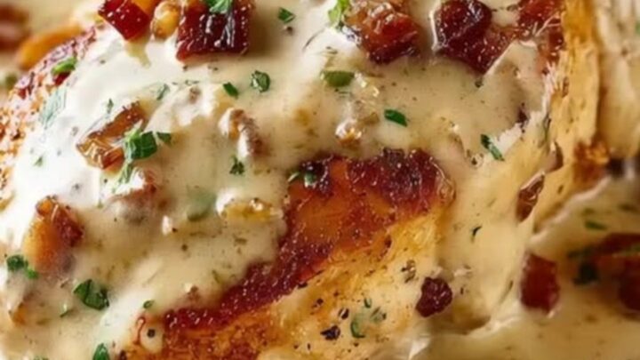 Golden-brown smothered chicken breast topped with crispy bacon and fresh parsley in a creamy sauce.