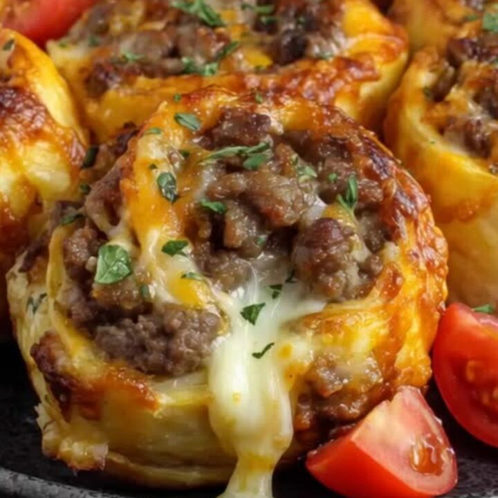 Golden brown garlic butter cheeseburger rollups resting on a dark plate with a fresh herb garnish.
