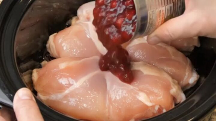 Tender shredded chicken coated in a glossy, ruby-red cranberry sauce inside a slow cooker.