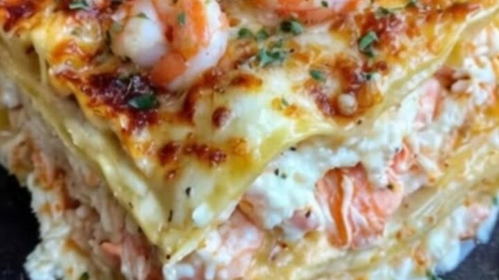 A thick, steaming slice of seafood lasagna served on a dark ceramic plate with visible shrimp and crab.