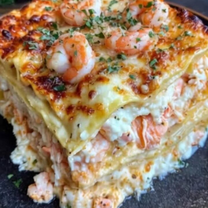 A thick, steaming slice of seafood lasagna served on a dark ceramic plate with visible shrimp and crab.