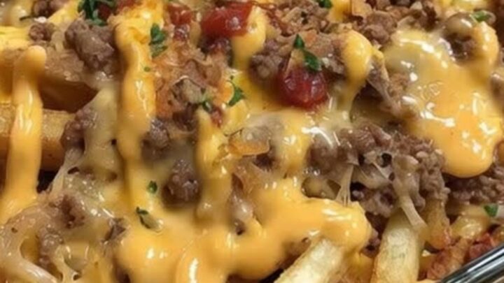 A top-down view of a golden, cheesy french fry casserole in a glass baking dish.