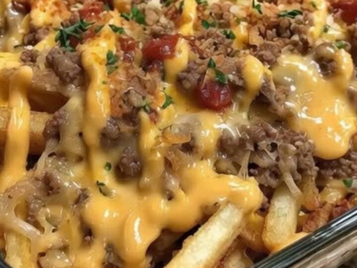 A top-down view of a golden, cheesy french fry casserole in a glass baking dish.