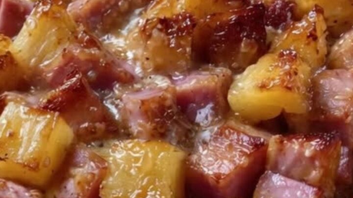 A close-up of a white ceramic dish filled with diced ham and caramelized pineapple chunks with a glossy brown sugar glaze.