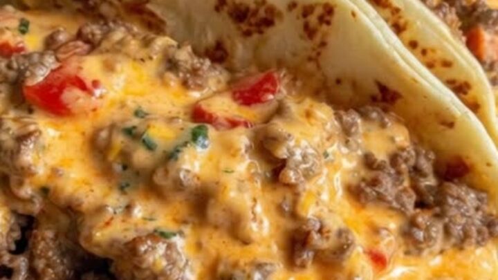 A platter filled with steaming cheesy Rotel beef tacos on soft flour tortillas.