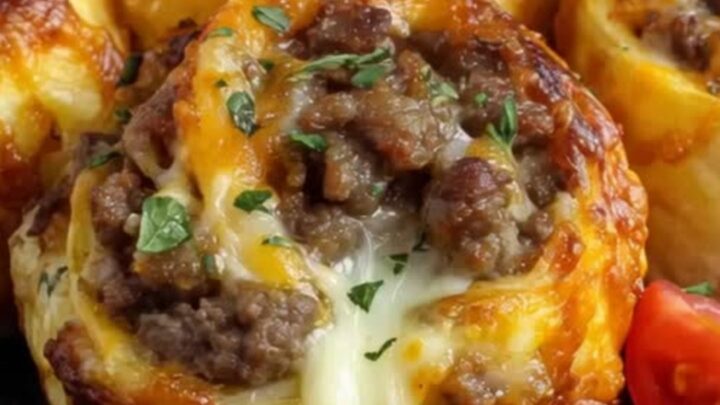 A black dish filled with golden-brown baked cheeseburger rollups oozing melted cheese, garnished with fresh tomato wedges.