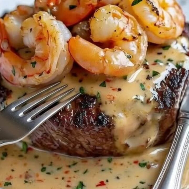 A beautifully seared filet mignon topped with plump, pink shrimp in a glossy garlic butter sauce on a white plate.