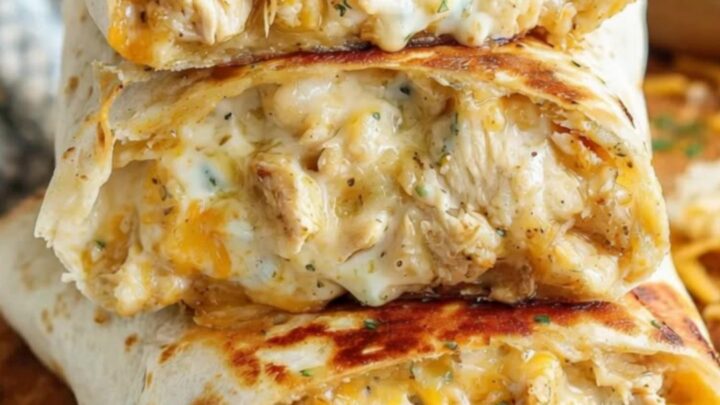 A stack of golden-brown cheesy chicken wraps on a rustic wooden board with steam rising.