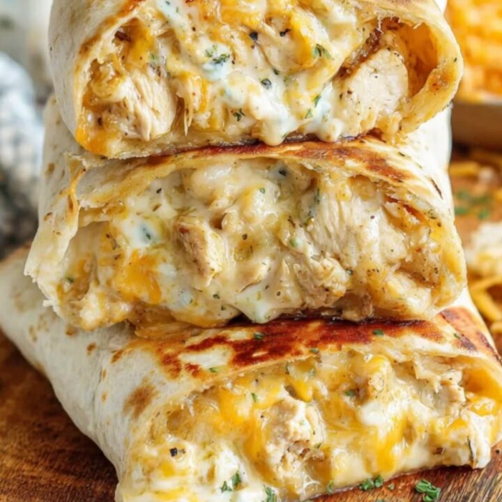 A stack of golden-brown cheesy chicken wraps on a rustic wooden board with steam rising.