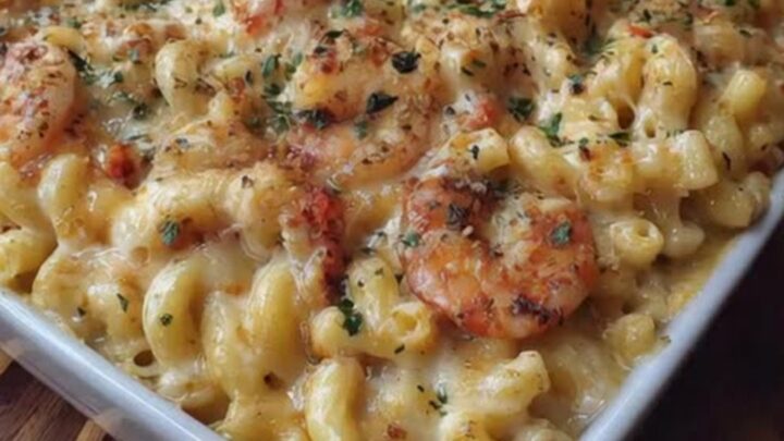 Golden, bubbly seafood mac and cheese bake with shrimp and crawfish in a white baking dish.