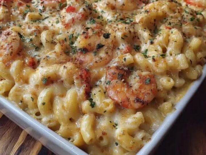 Golden, bubbly seafood mac and cheese bake with shrimp and crawfish in a white baking dish.