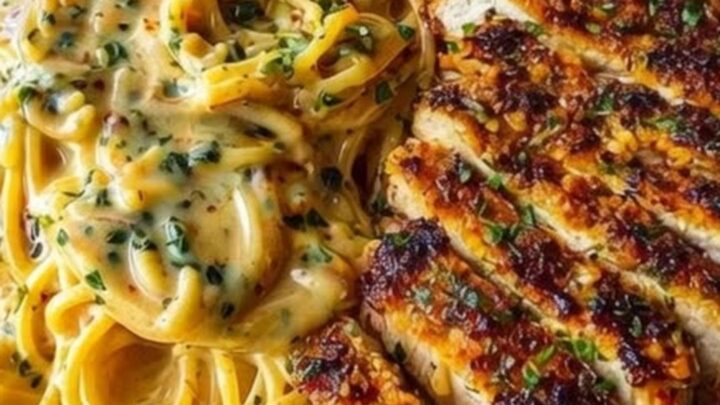 A creamy garlic parmesan cajun chicken spaghetti served in a white bowl with crispy blackened chicken slices.