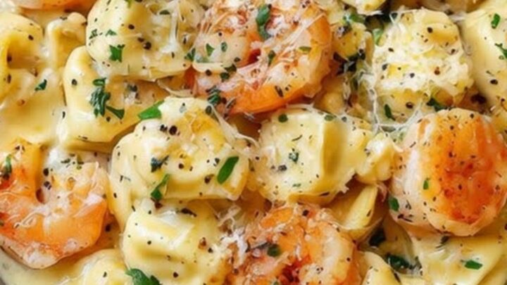 A close-up of a creamy shrimp and tortellini dish in a grey bowl, steaming and ready to eat.
