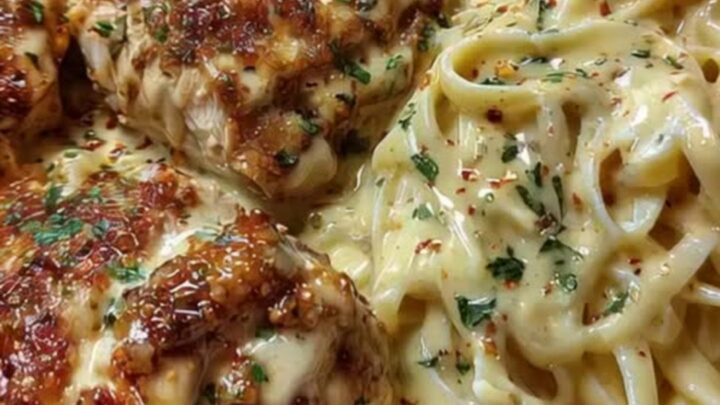 A white bowl filled with creamy Cajun alfredo linguine alongside sliced, golden-brown seared chicken.