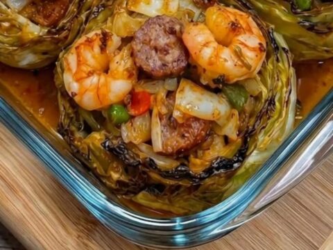 A glass baking dish filled with golden-brown Cajun shrimp and sausage stuffed cabbage rolls.