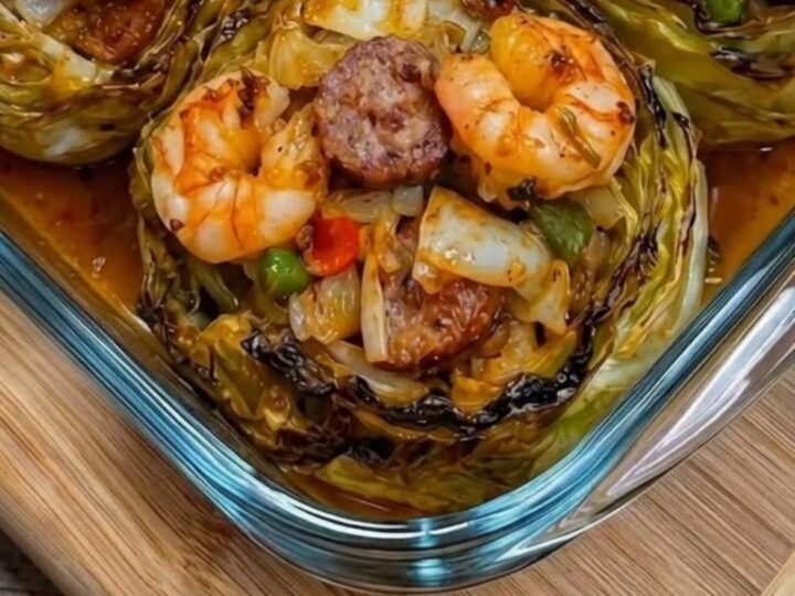 A glass baking dish filled with golden-brown Cajun shrimp and sausage stuffed cabbage rolls.