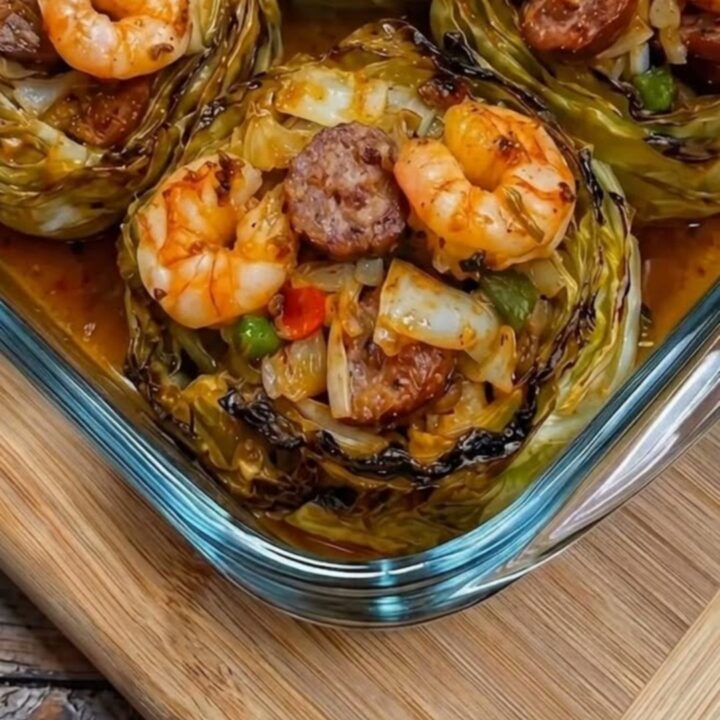 A glass baking dish filled with golden-brown Cajun shrimp and sausage stuffed cabbage rolls.