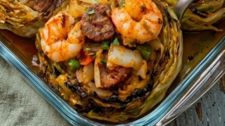 A steaming cabbage steak topped with Cajun shrimp and sliced sausage in a glass baking dish.