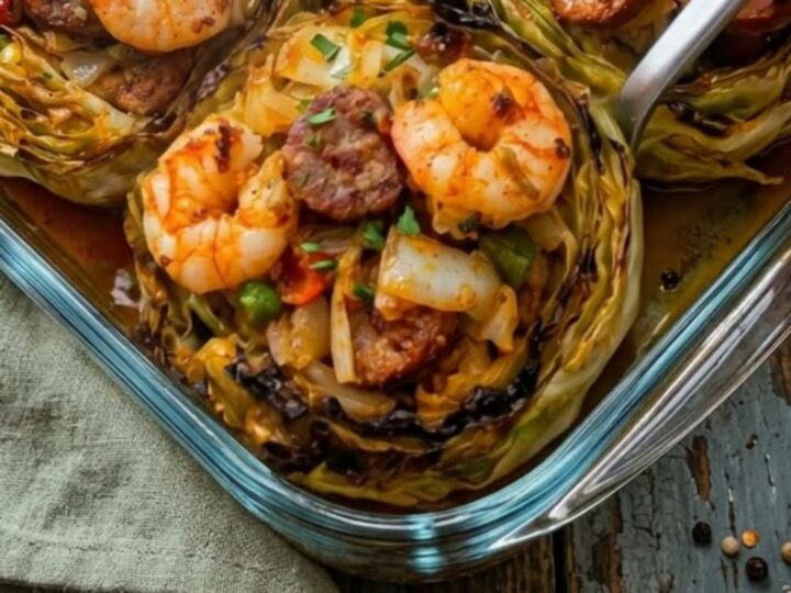A steaming cabbage steak topped with Cajun shrimp and sliced sausage in a glass baking dish.