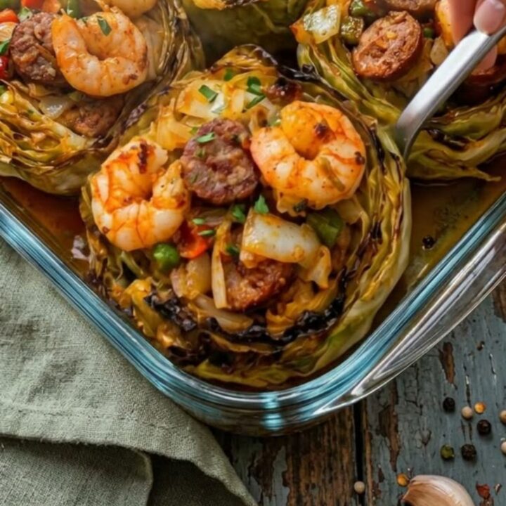 A steaming cabbage steak topped with Cajun shrimp and sliced sausage in a glass baking dish.