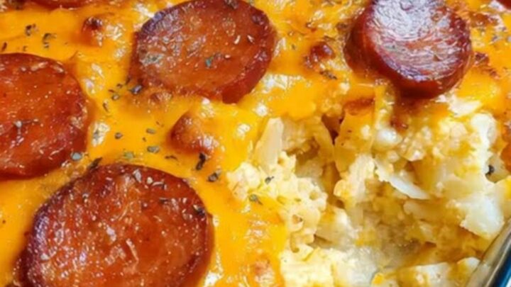 A warm, cheesy smoked sausage and potato casserole in a glass baking dish, with steam rising from a freshly served portion.