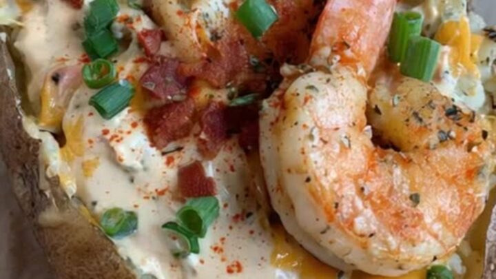A freshly baked potato overflowing with creamy sauce, melted cheddar, crispy bacon, and seared cajun shrimp.