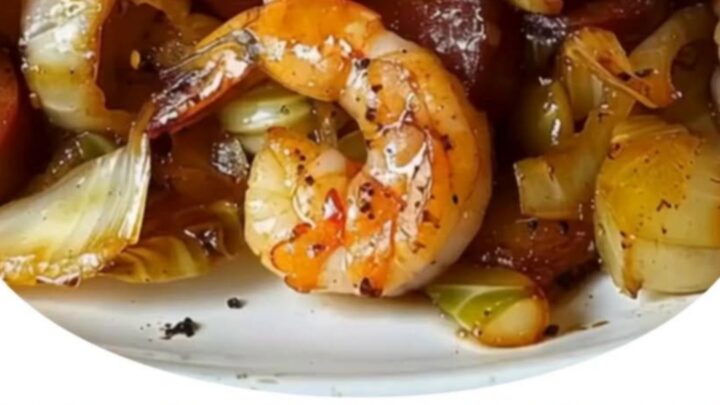 A rustic skillet filled with sautéed green cabbage, sliced smoked sausage, crispy bacon, and seared shrimp.