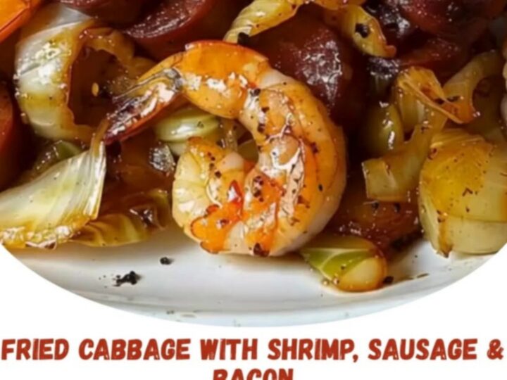 A rustic skillet filled with sautéed green cabbage, sliced smoked sausage, crispy bacon, and seared shrimp.